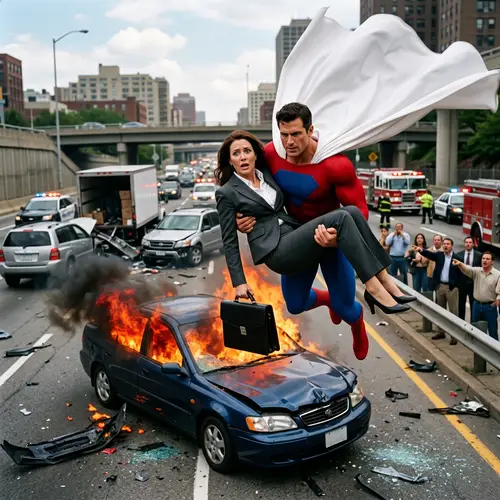 Superman Rescues Businesswoman from Flames in Roadway Accident