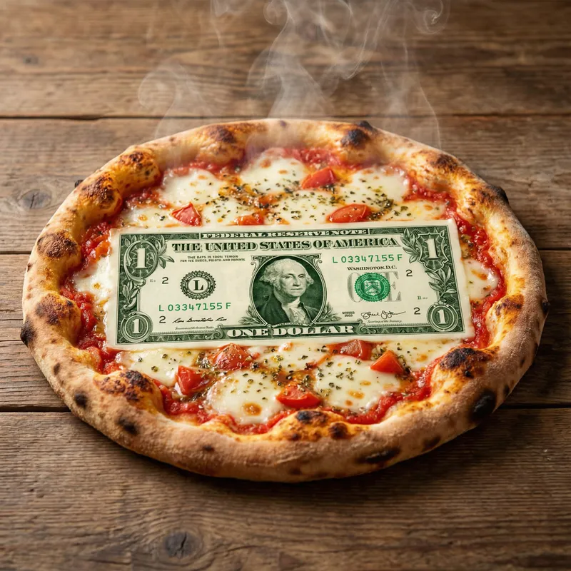 One Dollar Pizza Art with Mozzarella Cheese and Tomato Sauce