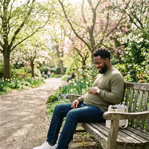 Handsome Young Black Man Experiencing Pregnancy | Serene Park Scene