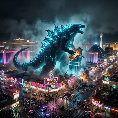 Giant Kaiju Attacks Las Vegas Cityscape at Night