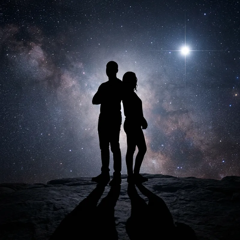 Celestial Figures Amidst Faded Stars and Lone Star Beyond