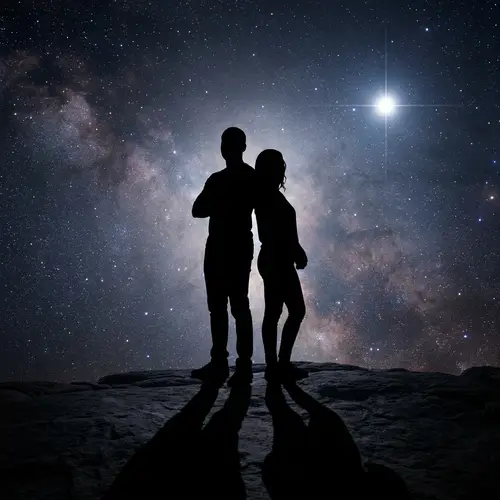 Celestial Figures Standing Back-to-Back in Cosmic Scene