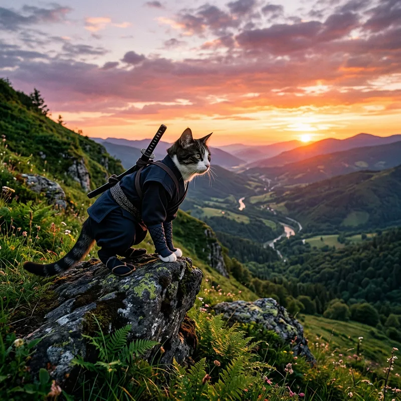 Ninja Cat at Serene Sunset View | Hyper-Realistic 16:9 Feline Art