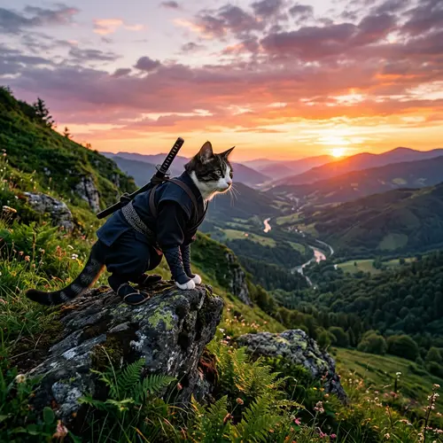 Hyper-Realistic Ninja Cat Perched at Sunset | Serene Hillside View