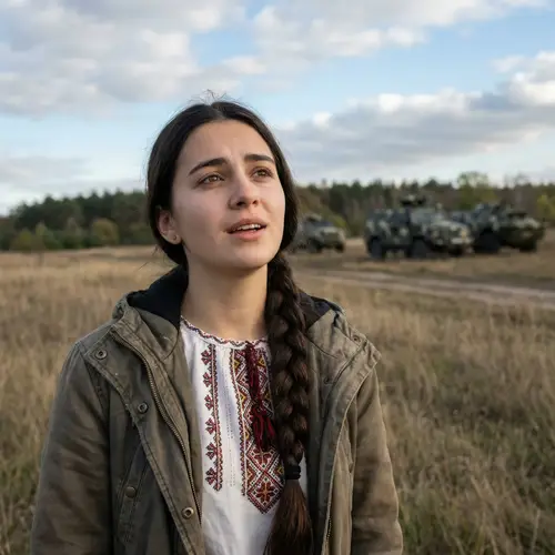 Beautiful Ukrainian Girl with Dark Hair Singing in Field