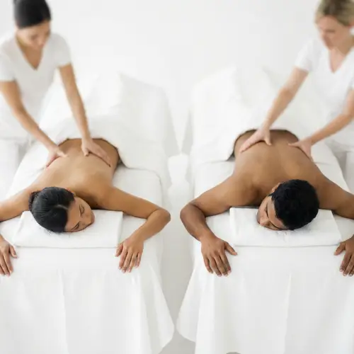 Diverse Couples Massage Experience in High-Angle View