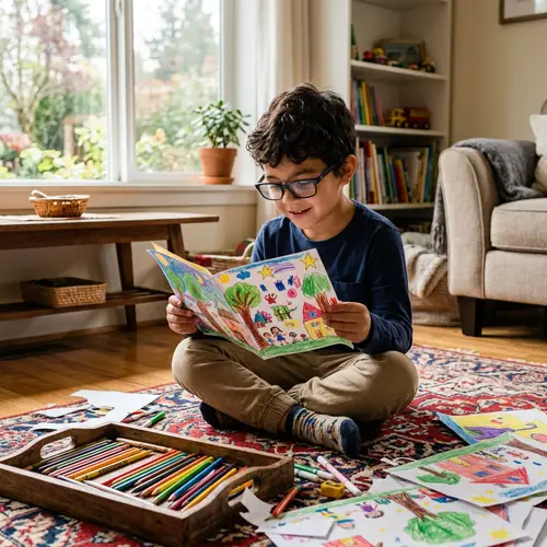 Niño con Lentes Leyendo Dibujo Pintado en Casa