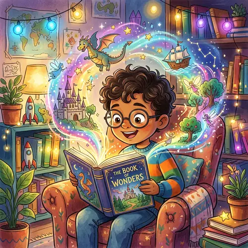 Animated Boy with Glasses Reading a Book