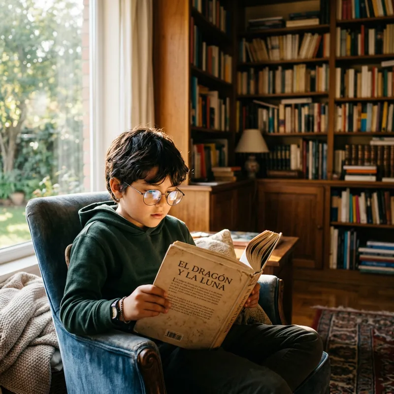 Young Hispanic Boy Reading a Book with Glasses