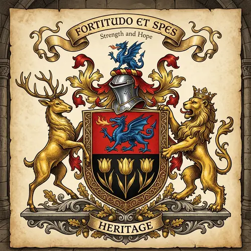 Intricate Family Crest with Blue Dragon, Golden Tulips, Stag, Lion and Latin Motto
