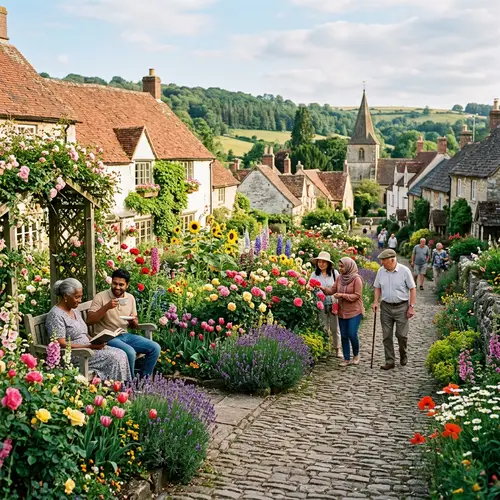 Quaint Village with Colorful Flower Bed | Serene Village Scene