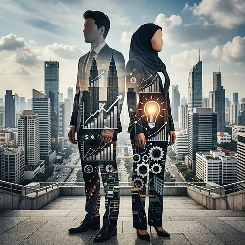 Double Exposure of Businessman and Businesswoman in Urban Landscape