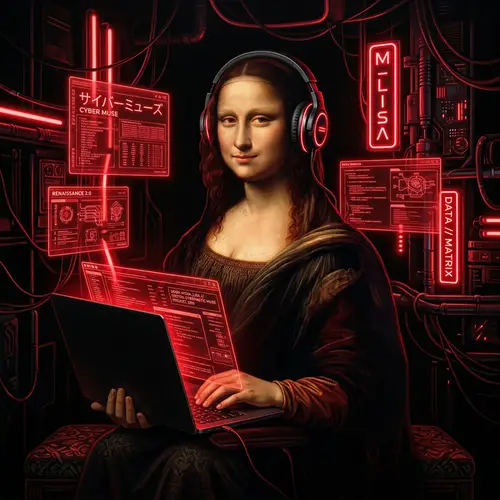 Modern Monalisa with Laptop & Headphones