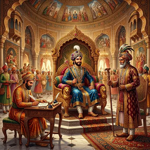 Regal Indian Kings Painting: Royal Attire & Court Grandeur
