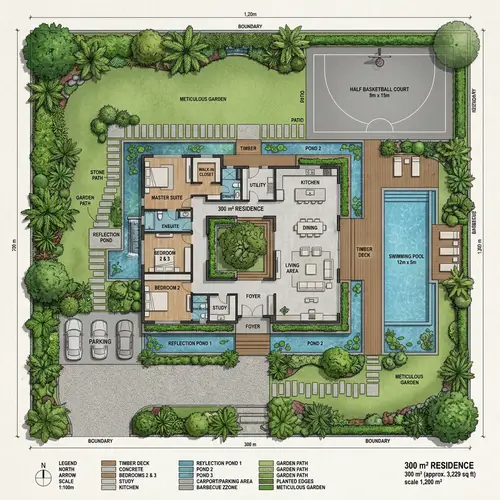 Modern 300m² House Plan with Pool and Garden