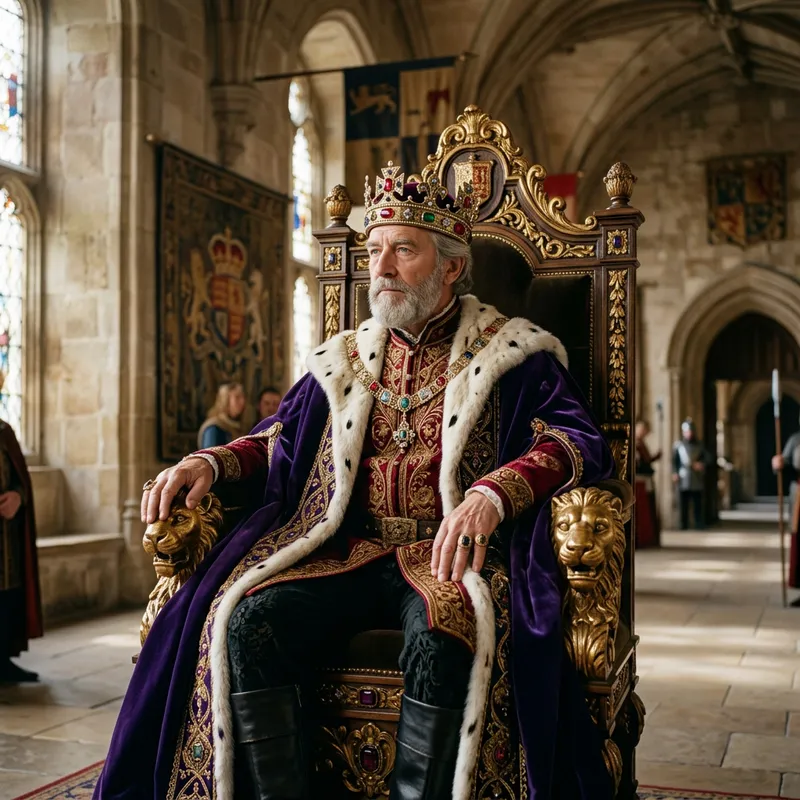 Majestic King In Royal Purple Cape & Golden Crown