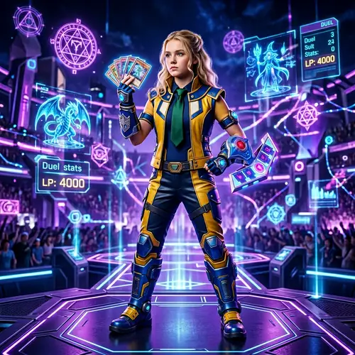 Futuristic Duelist Girl in Yellow & Blue Costume with Deck of Cards