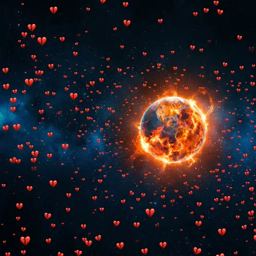 Flaming Earth Surrounded by Broken Heart Emojis in Cosmic Space