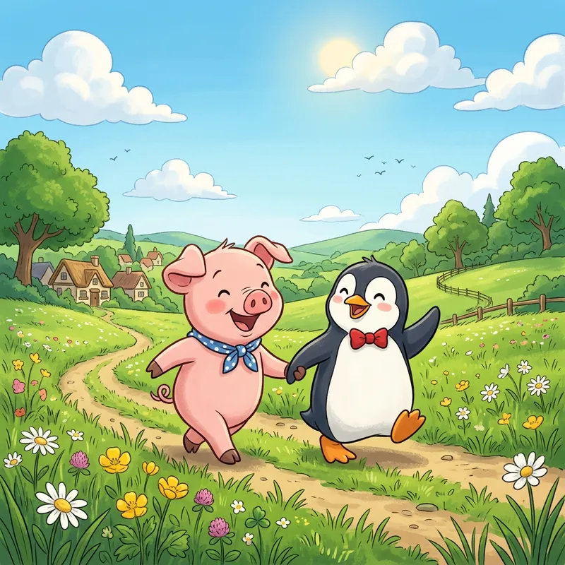 Adorable Piglet Holding Hands with a Penguin, Cartoon-Style