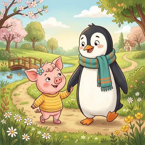 Cartoon Piglet and Penguin | Joyful Friendship Scene