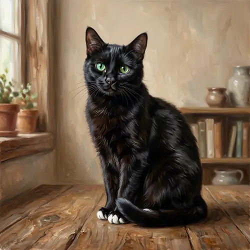 Graceful Black House Cat Oil Painting