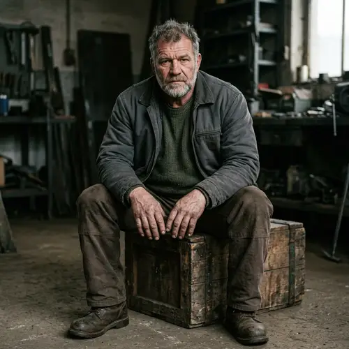 Intimidating 50-Year-Old Man Sitting on Cube | Calm Yet Intimidating