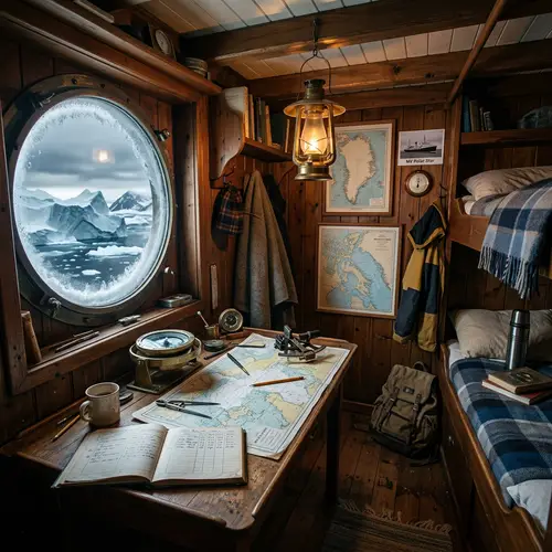 Arctic Sea Ship Cabin: Navigational Equipment & Cozy Amenities