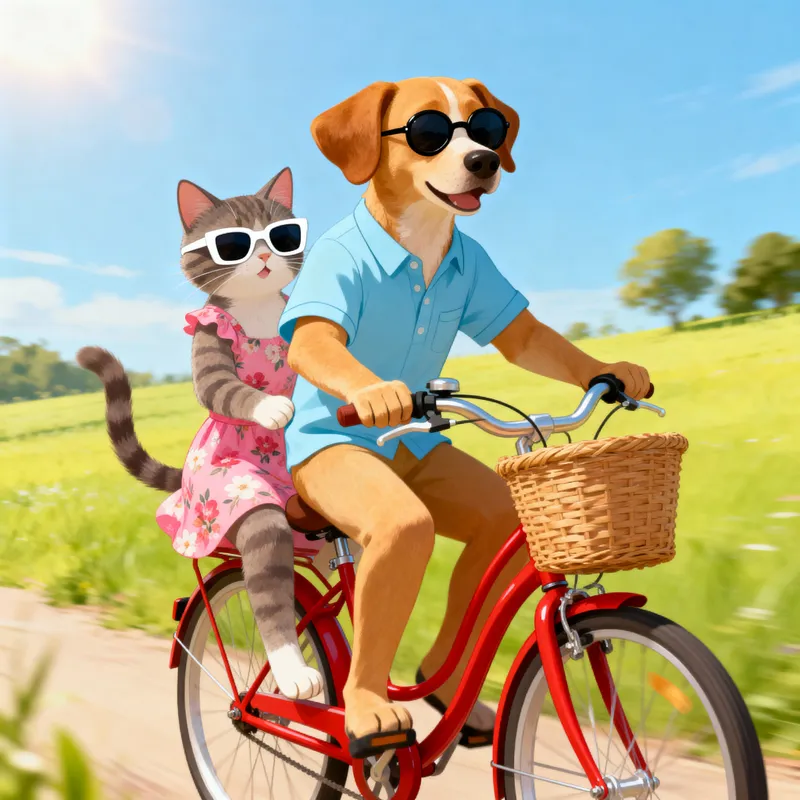 Dog and Cat Riding Bicycle in Summer Gear