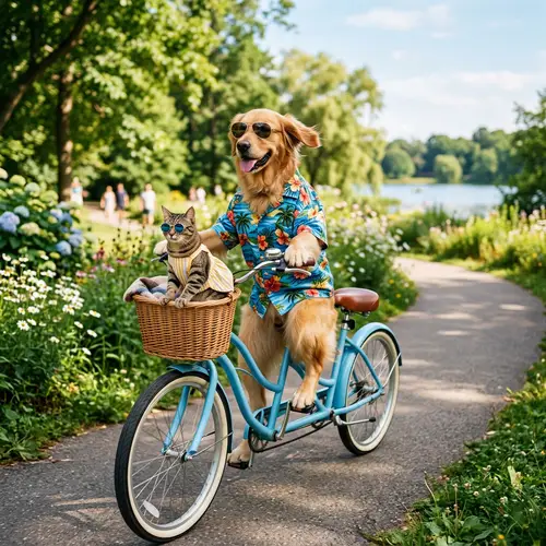 Dog and Cat Riding Bicycle in Summer Gear
