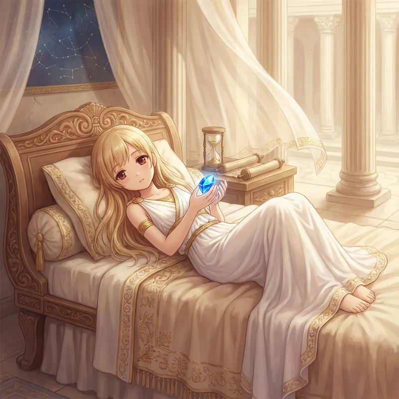Serene Little Girl in Greek Toga on Regal Bed | Fate and Destiny