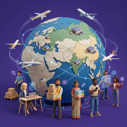 Global Logistics Artwork with Diverse Workforce | Purple Globe Scene