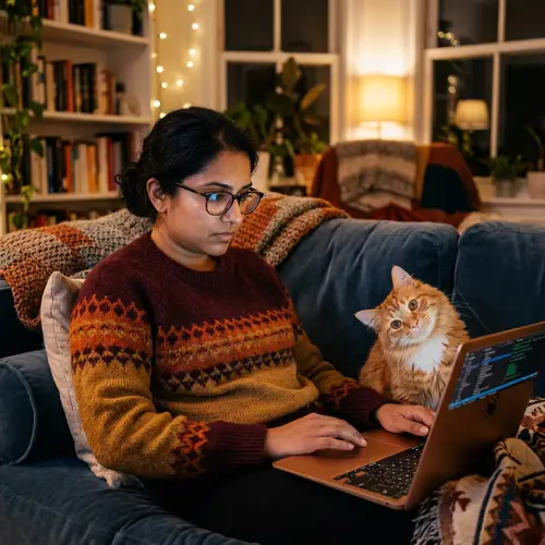 Serious South Asian Woman with Cat on Plush Couch | Website