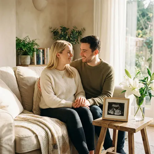 Warm Moments: Expecting Parents in a Sunlit Room