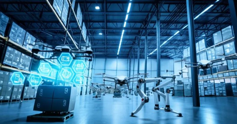 Futuristic Warehouse with Robots and Drones