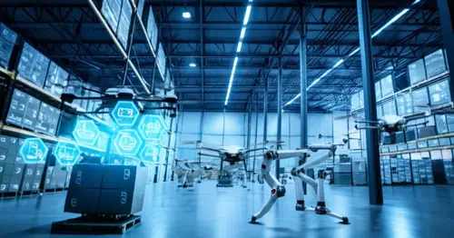 Futuristic Warehouse with Robots and Drones