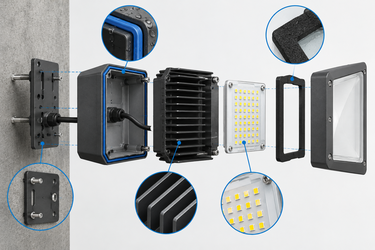 Technical Infographic: Exploded View of Exterior Wall Luminaire
