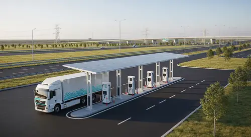 Electric Freight Truck Charging Station at Rest Stop