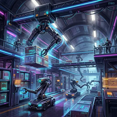 Futuristic AI Robots in Cyberpunk Warehouse