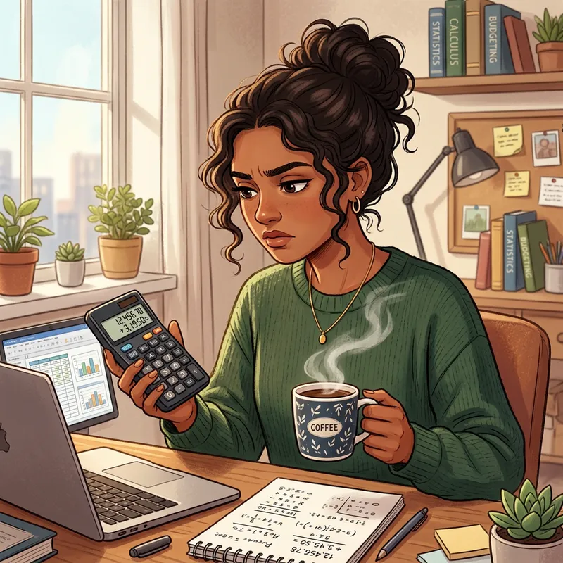 Girl with Calculator and Coffee - Efficiency Boost!
