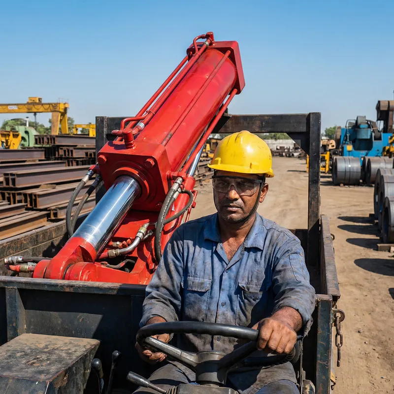 Man Driving with Hydraulic Cylinder in Industrial Landscape Man Driving with Hydraulic Cylinder in Industrial Landscape
