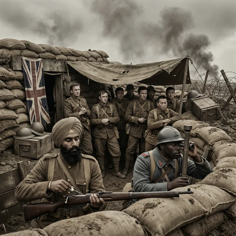 Diverse Soldiers in WW1 Trenches: A Historical Scene