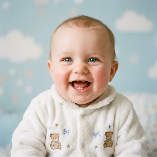 Cheerful and Healthy Baby Boy in Fluffy White Onesie