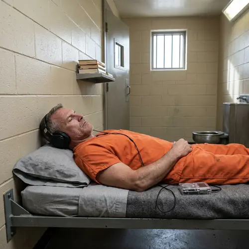 Middle-Aged Man in Prison Listening to Music