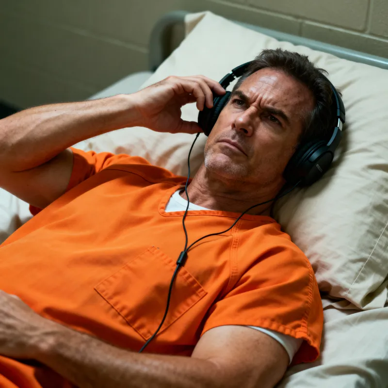Middle-Aged Man in Prison Listening to Music