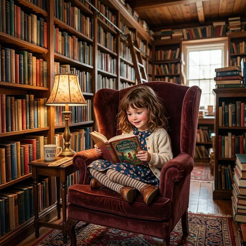 Enchanting Girl with Brown Hair Reading in Magical Library