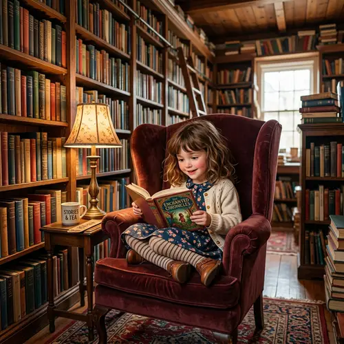 Whimsical Young Girl Reading in Enchanting Library
