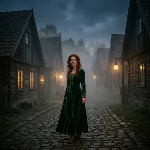 Mysterious Redhead in Beautiful Dress at Foggy Village