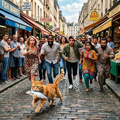 Mischievous Cat Running Away with Fish - Diverse Crowd Chase Scene