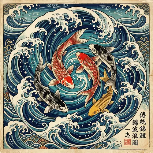 Traditional Japanese Koi Carp Art with Waves