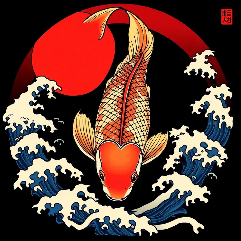 Traditional Japanese Koi Carp Art with Waves Traditional Japanese Koi Carp Art with Waves